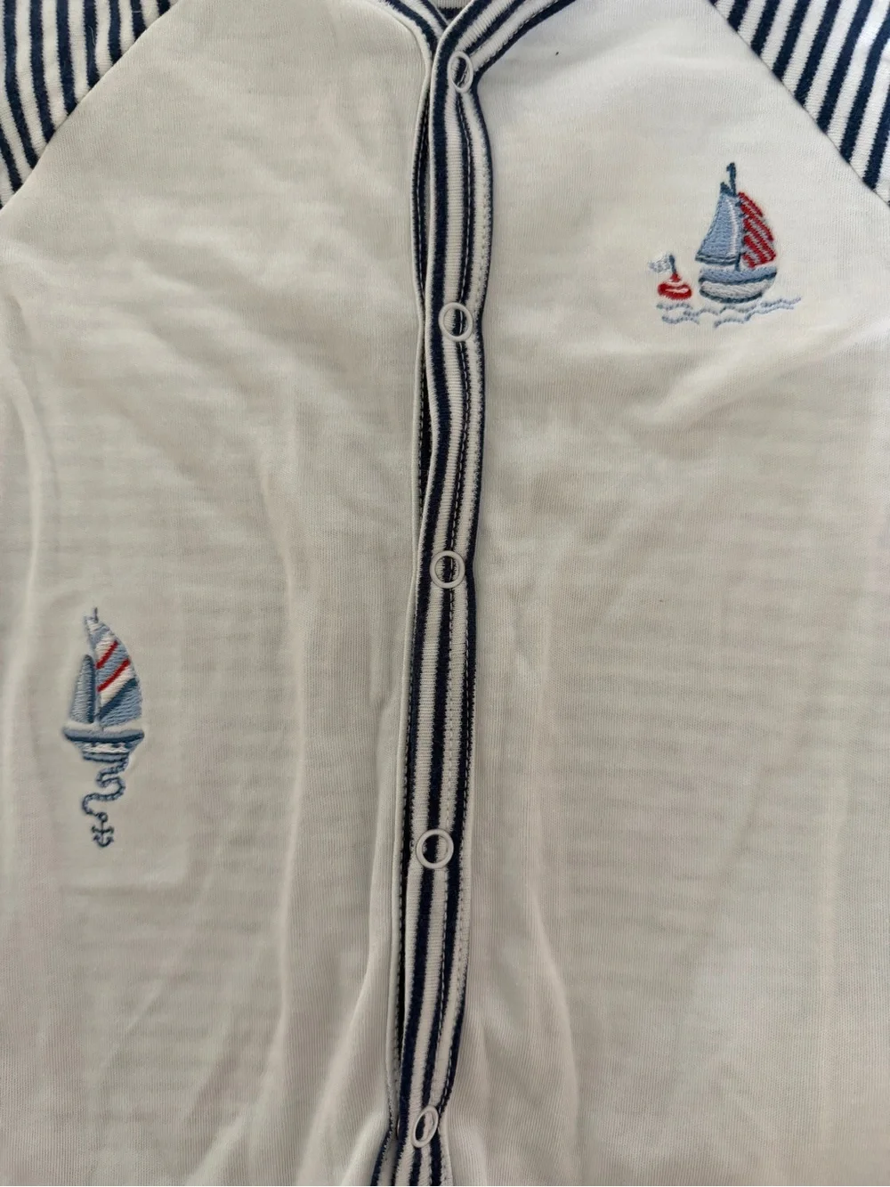 Kissy Kissy White One-Piece Footie with Navy Stripes and Sailboat Embroidery